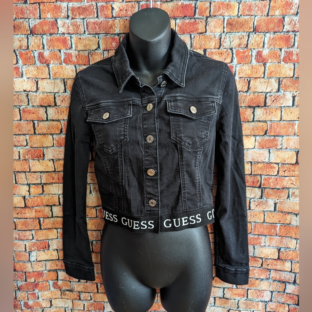 Guess Black Denim Cropped Jacket Women's Size Small Button Front